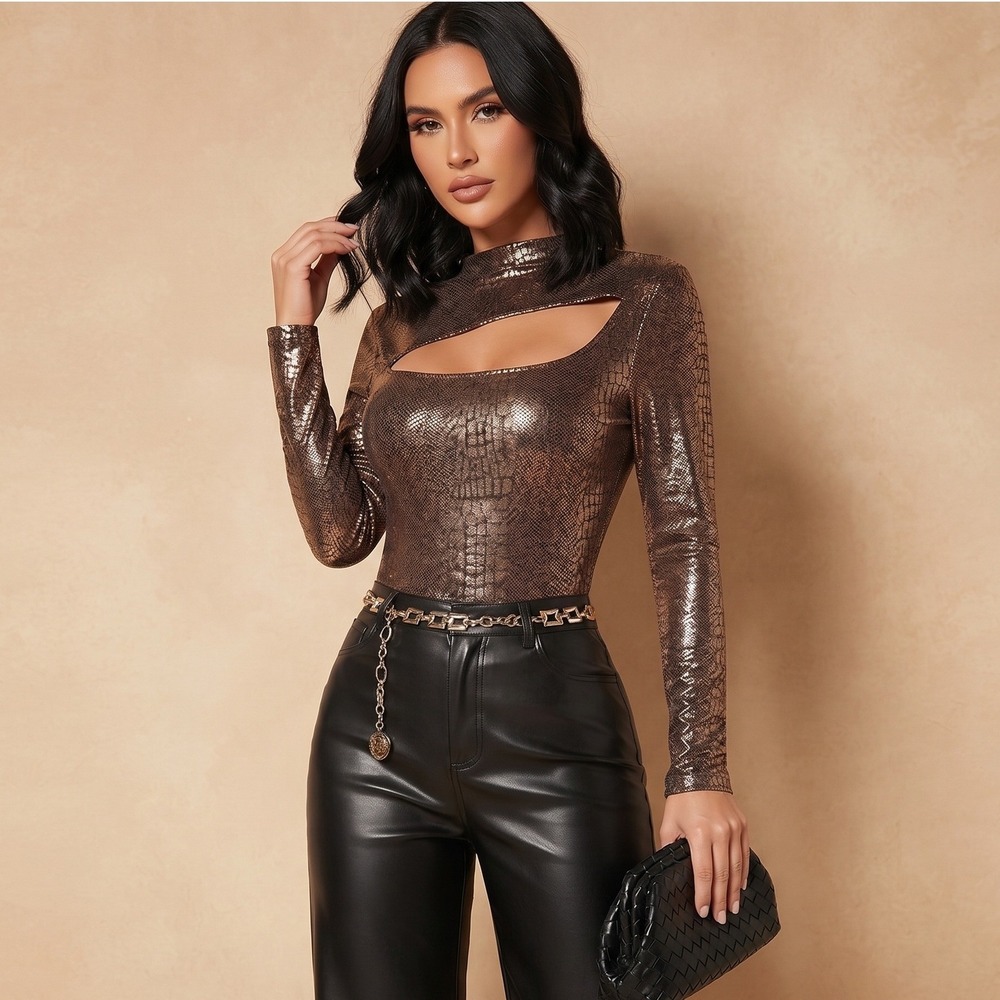 Snakeskin Cutout Top Women Small Bronze Good Metallic Mock Neck Sleeve Unbranded